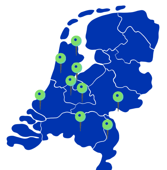 Map of the Netherlands with unlabeled site markers across the Amsterdam metro region